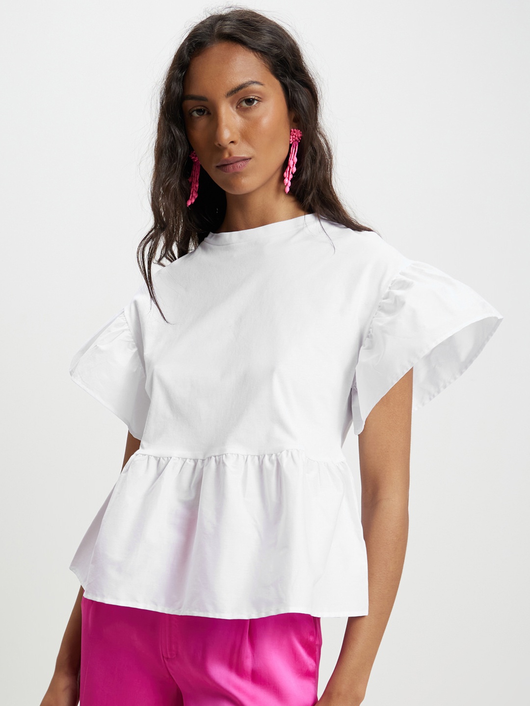 

CALLIOPE Flared Sleeve Cotton Longline Top, White