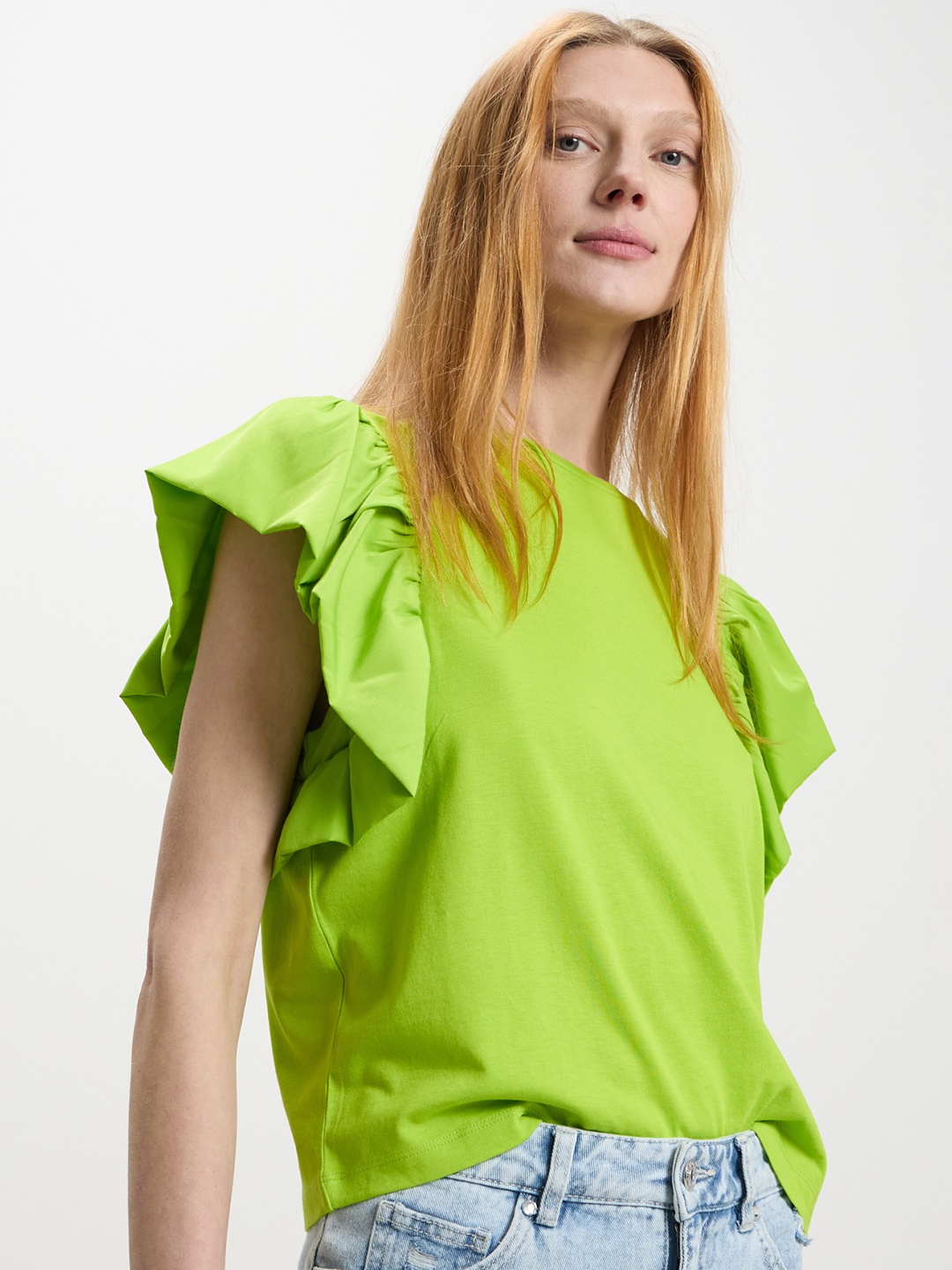 

CALLIOPE Flutter Sleeve Cotton Top, Lime green