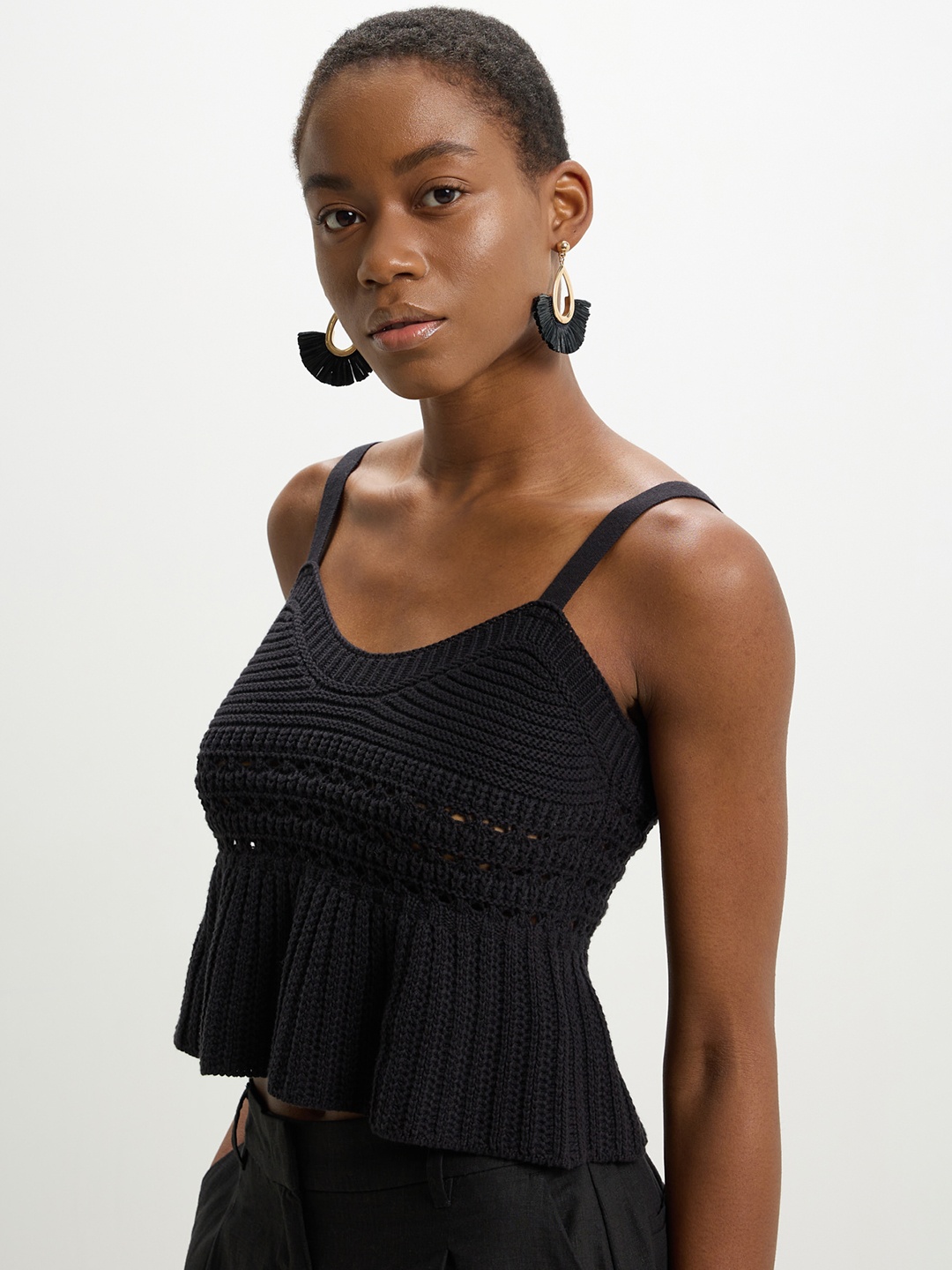 

CALLIOPE Pure Cotton Crochet Knitted Top, Black