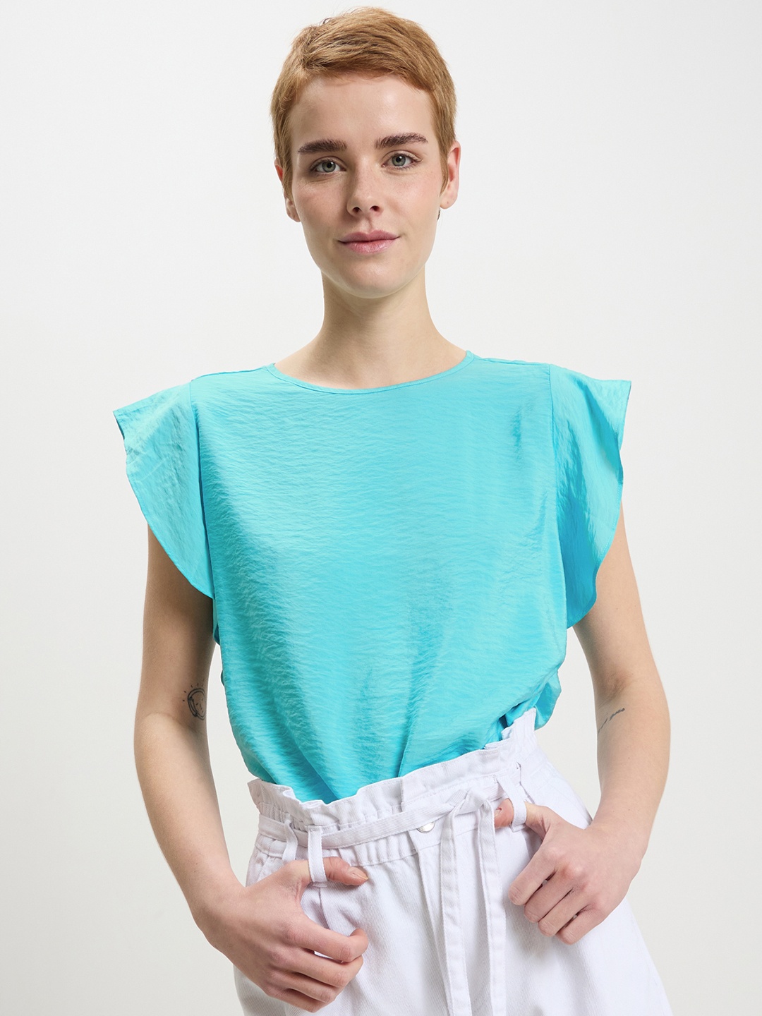 

CALLIOPE Solid Flared Sleeve Top, Turquoise blue