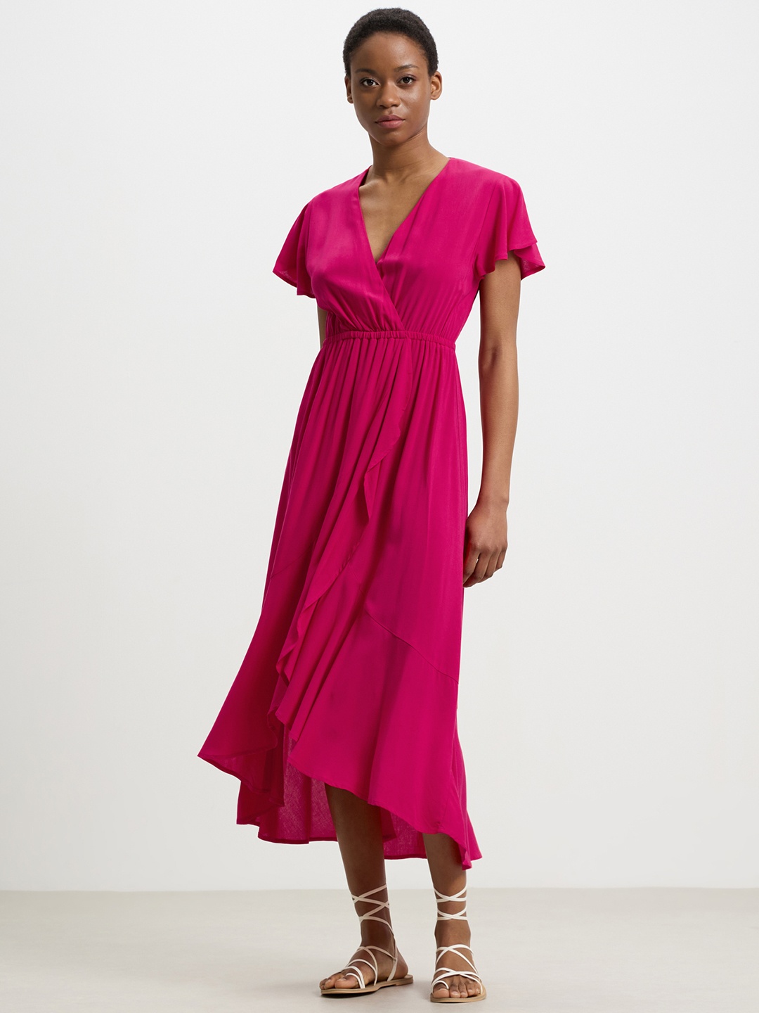 

CALLIOPE Flared Sleeve Ruffled Wrap Midi Dress, Fuchsia