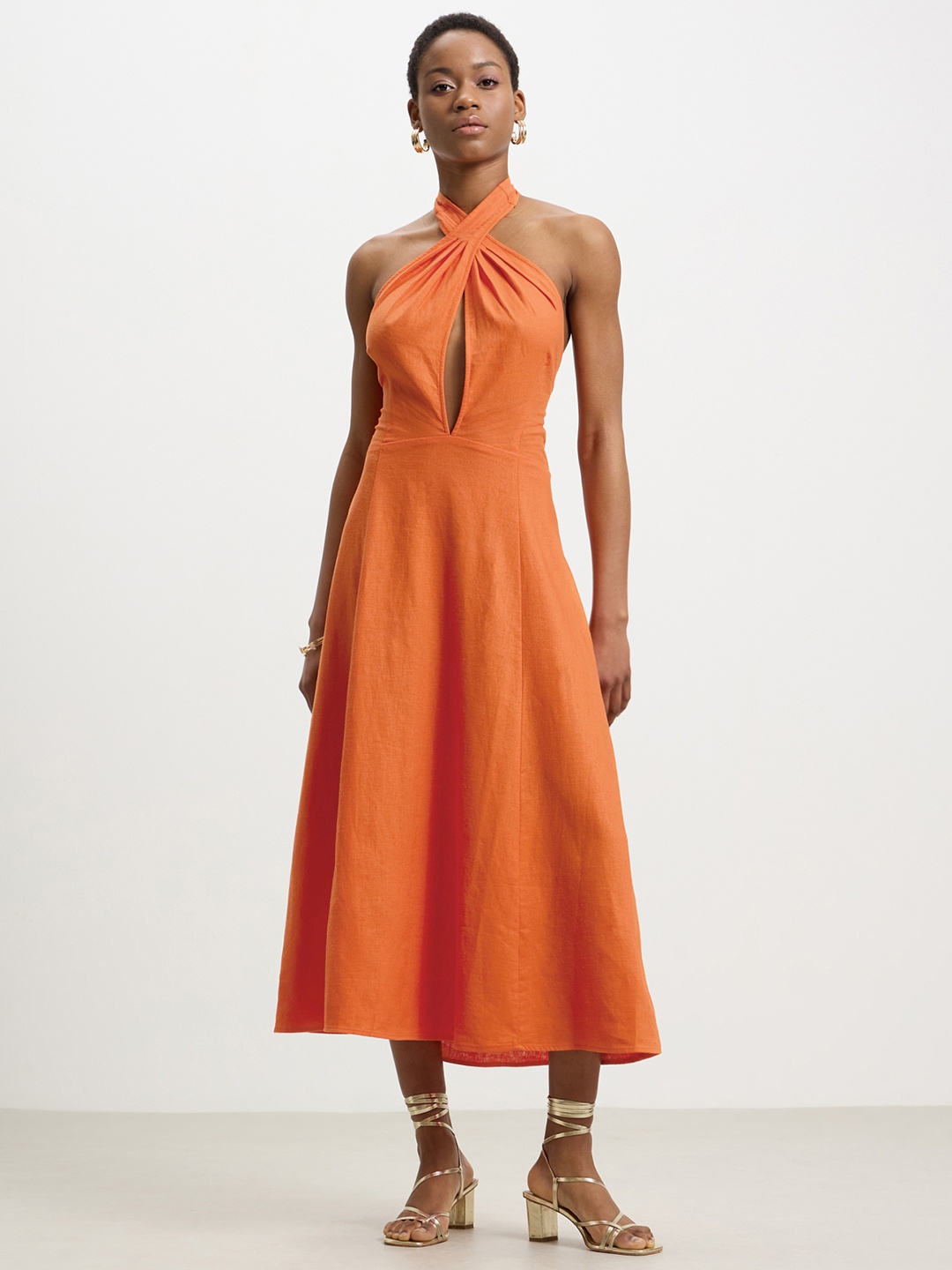 

CALLIOPE Halter Neck A-Line Midi Dress, Orange