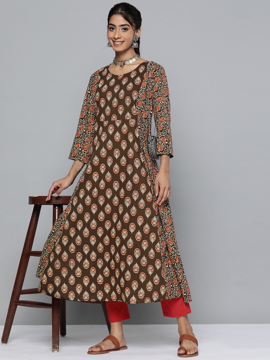 

HERE&NOW Floral Printed Pure Cotton Kurta, Coffee brown
