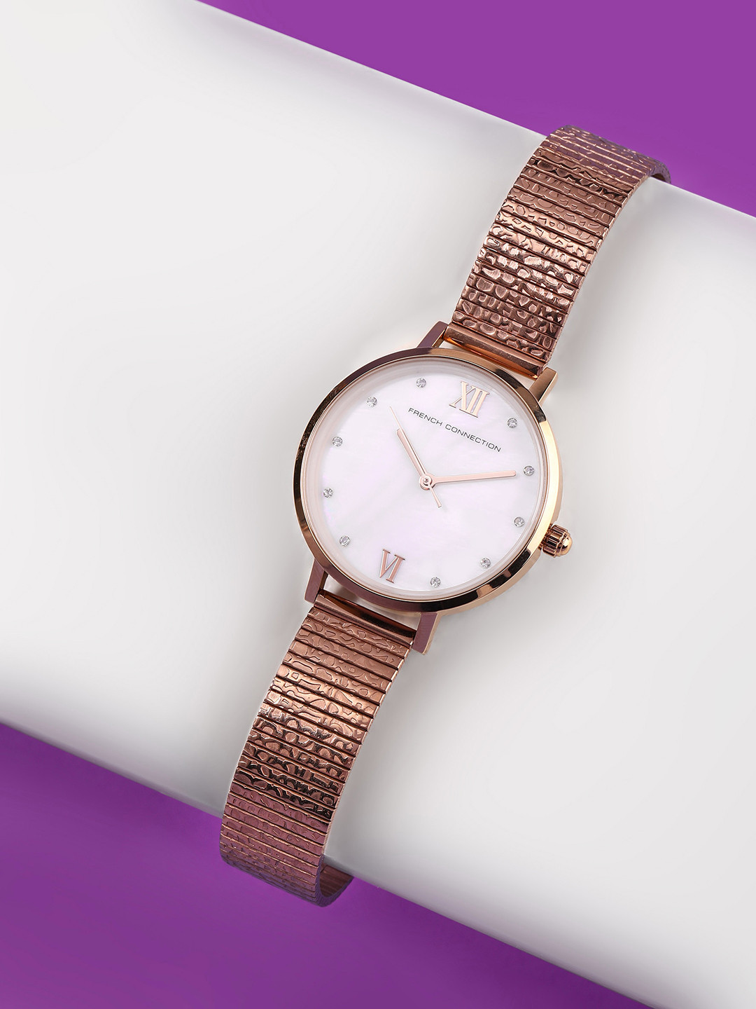 

French Connection Women Embellished Dial & Stainless Steel Bracelet Style Straps Analogue Watch FCN00065H, White