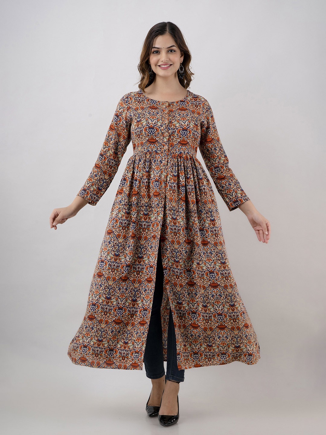 

LONDON BELLY Ethnic Motif Printed Pleated High Slit A-Line Kurta, Beige