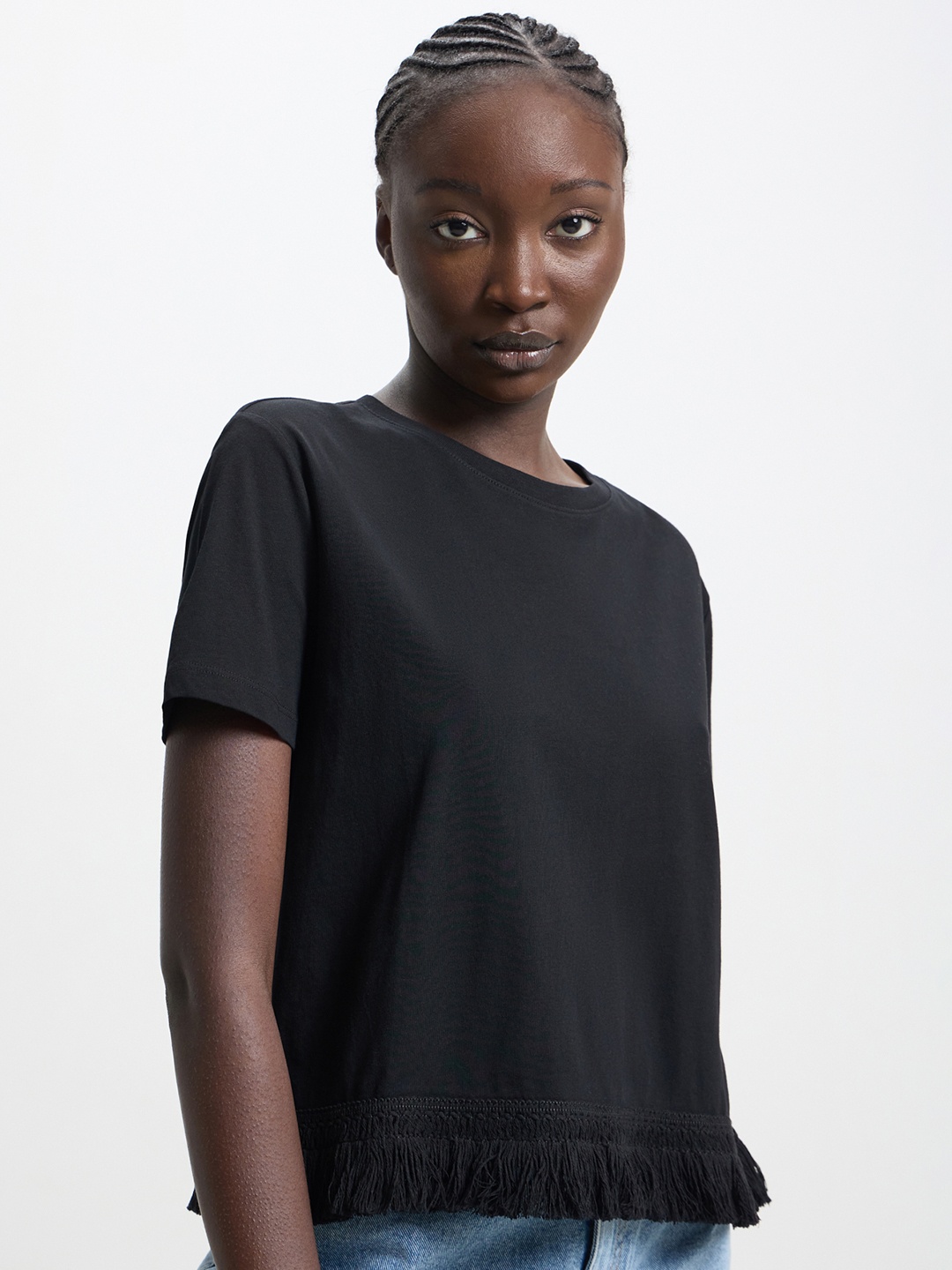 

CALLIOPE Pure Cotton Fringed Hem T-shirt, Black