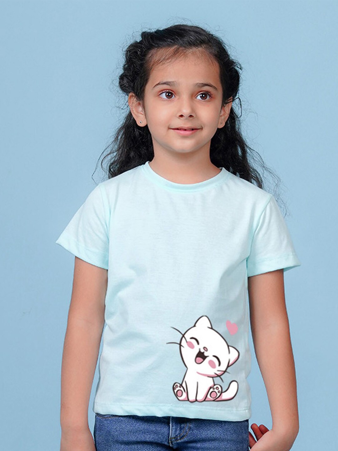 

NUSYL Girls Cat Printed Round Neck T-shirt, Blue