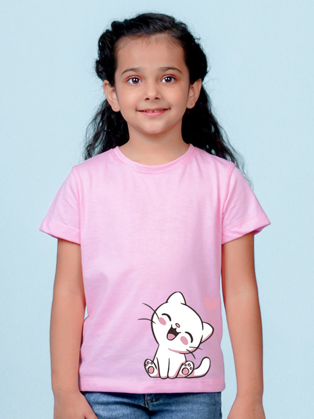 

NUSYL Girls Cat Printed Round Neck T-shirt, Pink