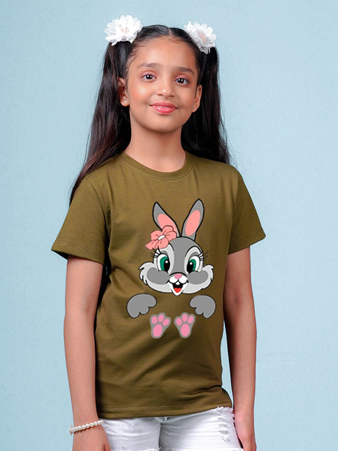 

NUSYL Girls Rabbit Printed Round Neck T-shirt, Olive