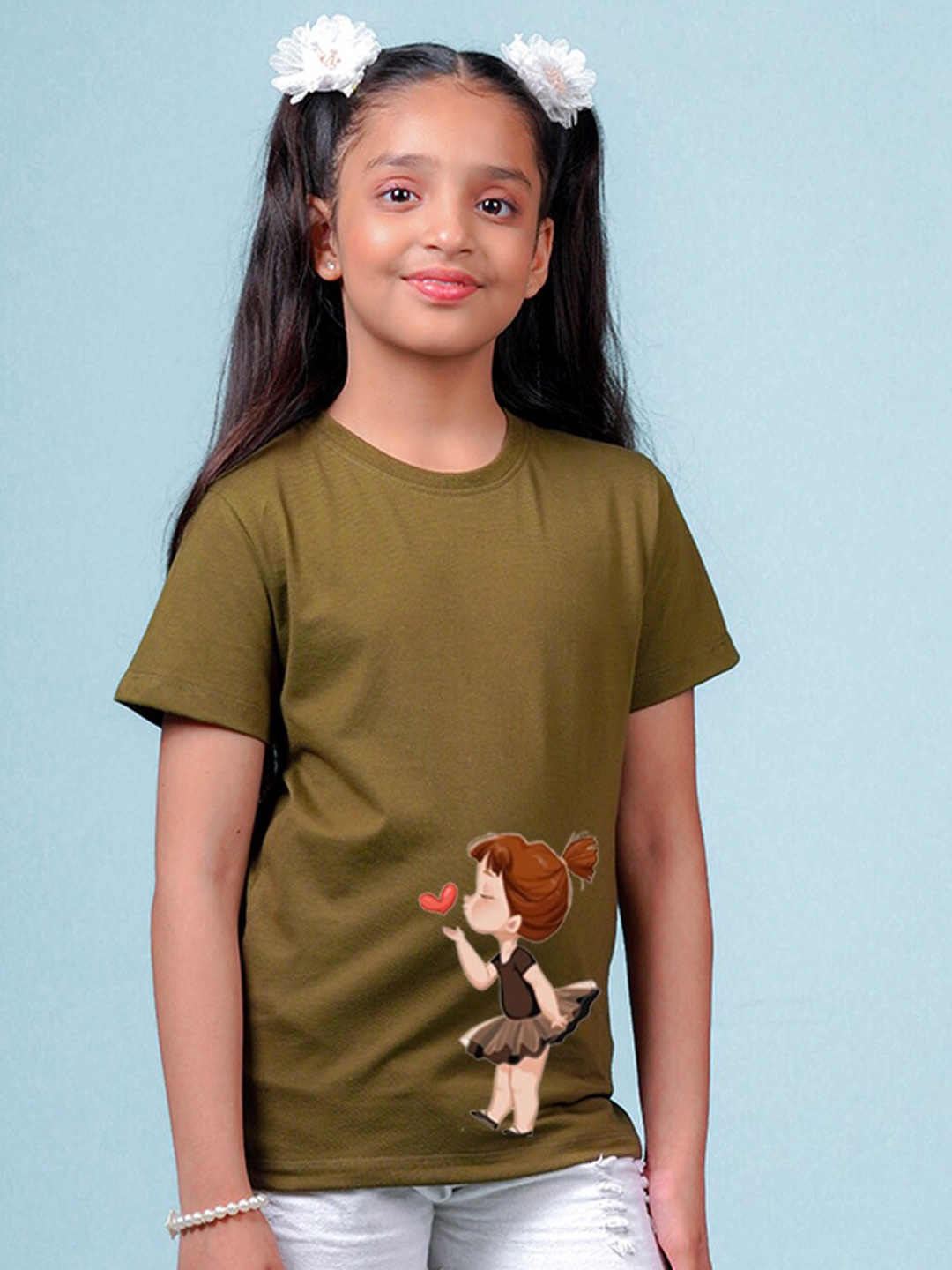 

NUSYL Girls Printed Round Neck T-shirt, Olive