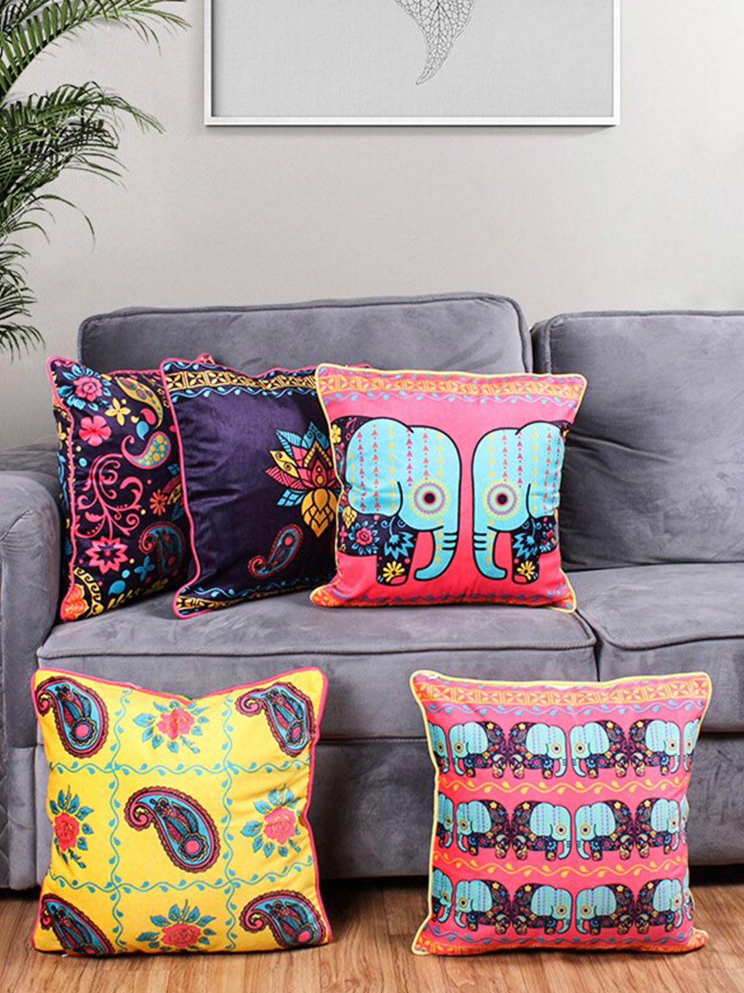 

STITCHNEST Blue & Red 5 Pieces Ethnic Motifs Velvet Square Cushion Covers