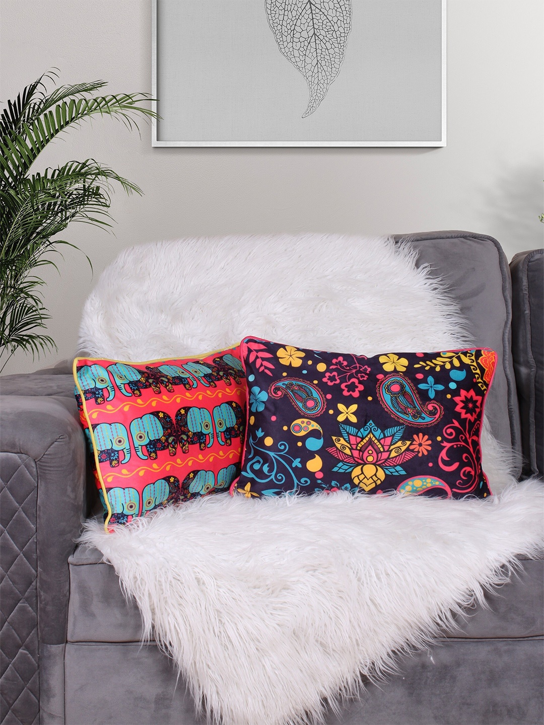 

STITCHNEST Blue & Pink 2 Pieces Floral Velvet Square Cushion Covers