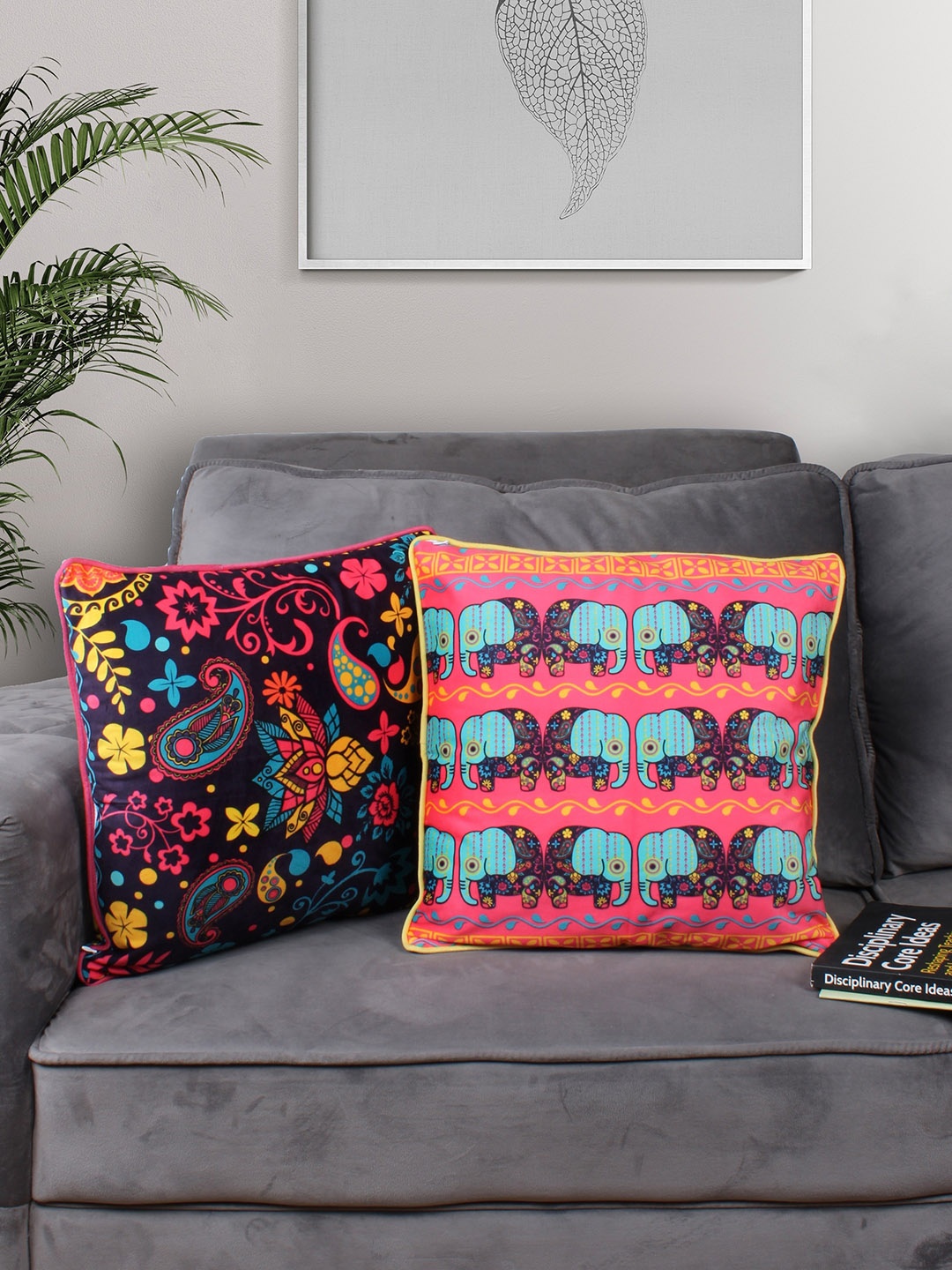 

STITCHNEST Blue & Pink 2 Pieces Ethnic Motifs Velvet Square Cushion Covers