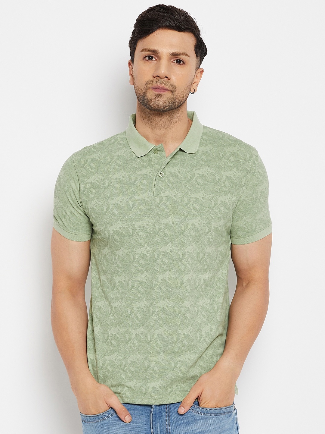 

98 Degree North Floral Printed Polo Collar Cotton T-shirt, Green