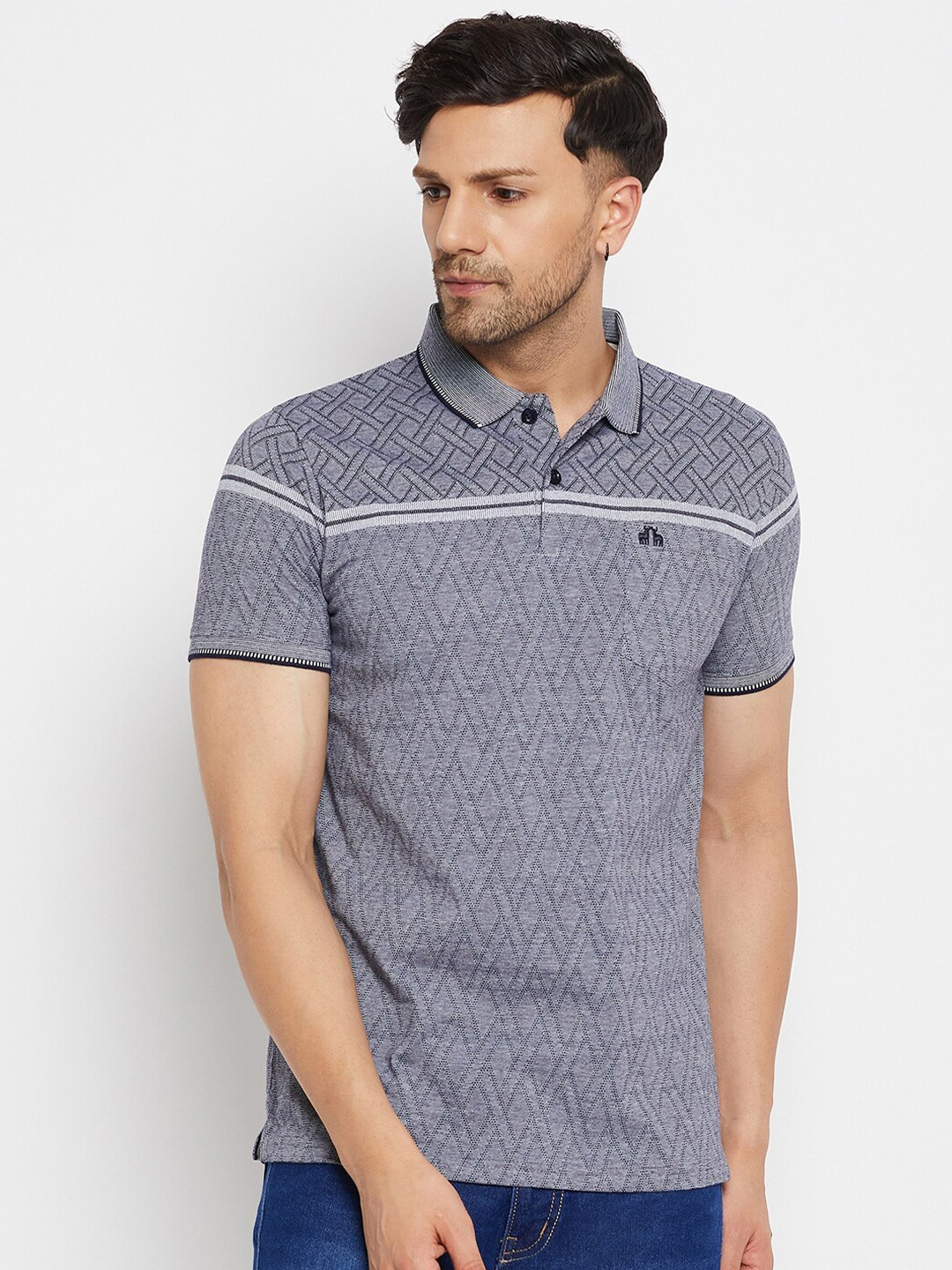 

98 Degree North Striped Polo Collar Cotton T-shirt, Grey