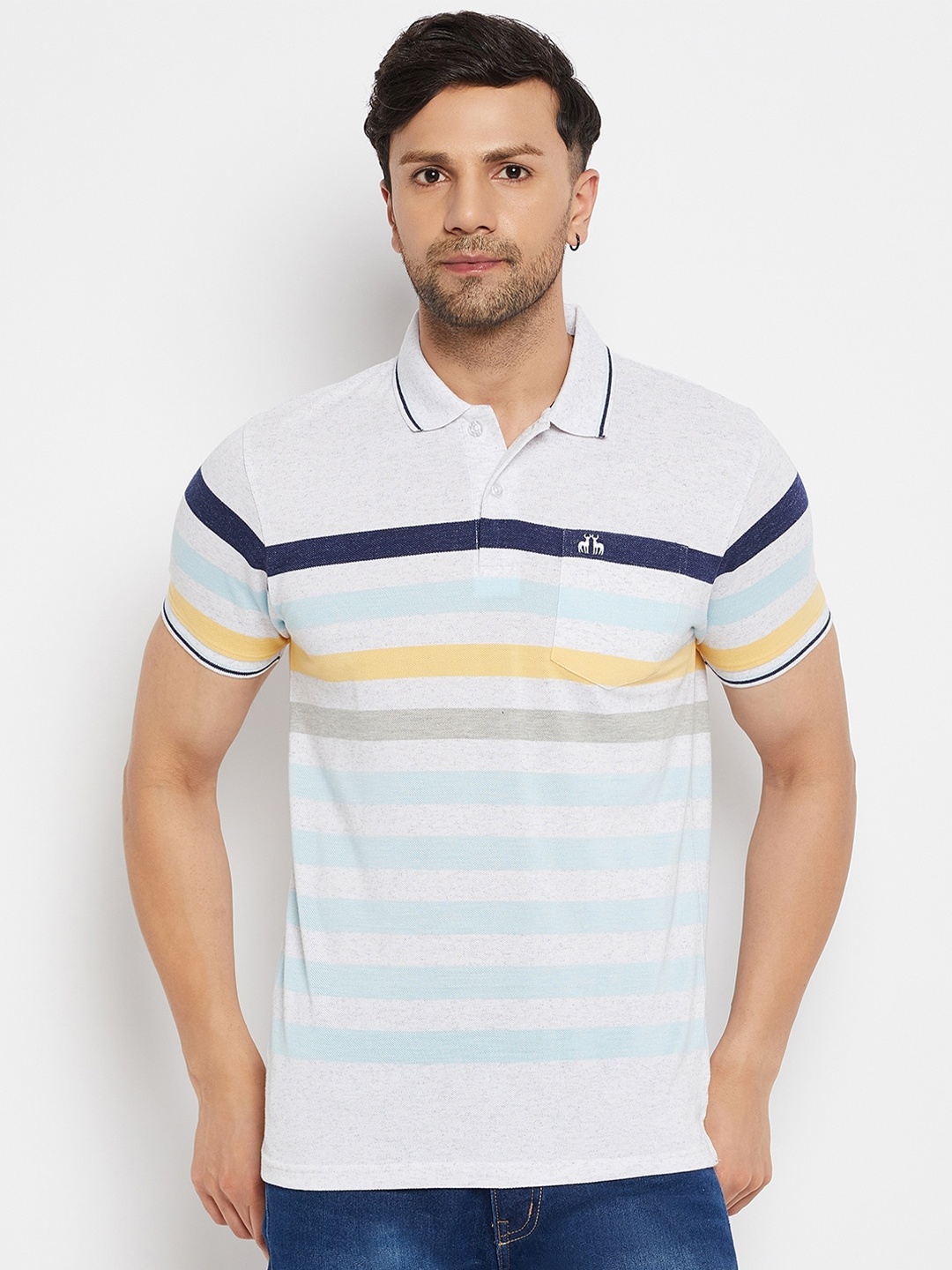 

98 Degree North Striped Polo Collar Cotton T-shirt, Grey
