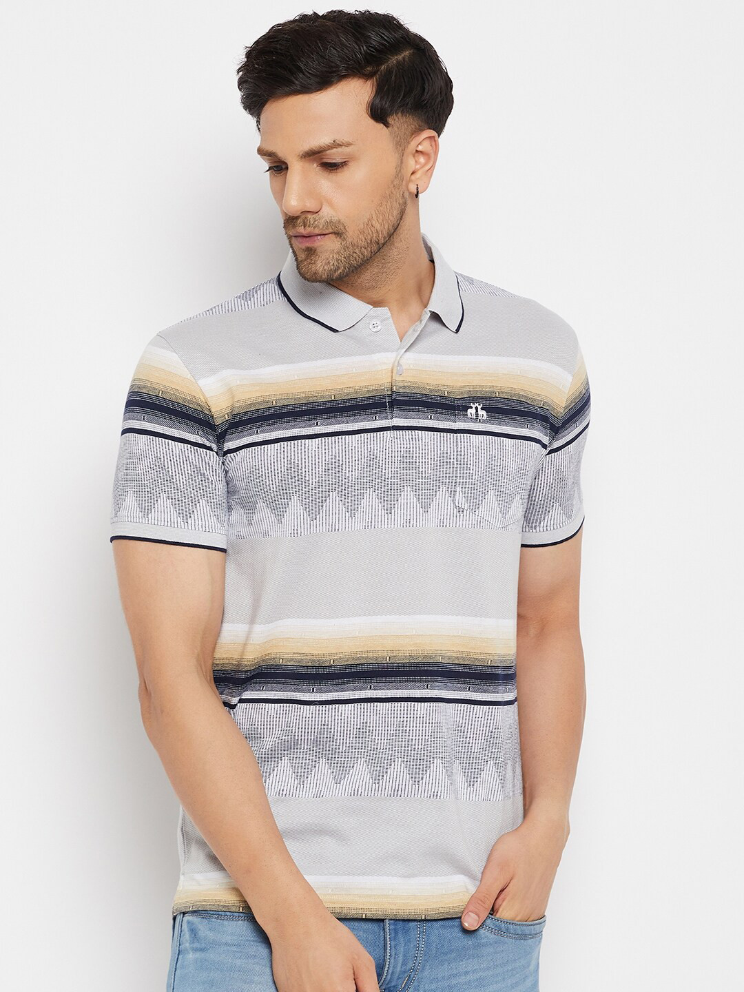 

98 Degree North Striped Polo Collar Cotton T-shirt, Grey