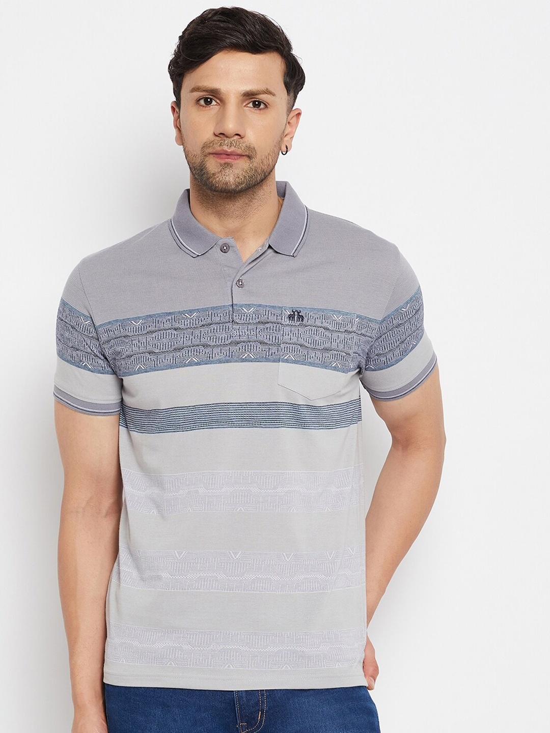 

98 Degree North Striped Polo Collar Cotton T-shirt, Grey