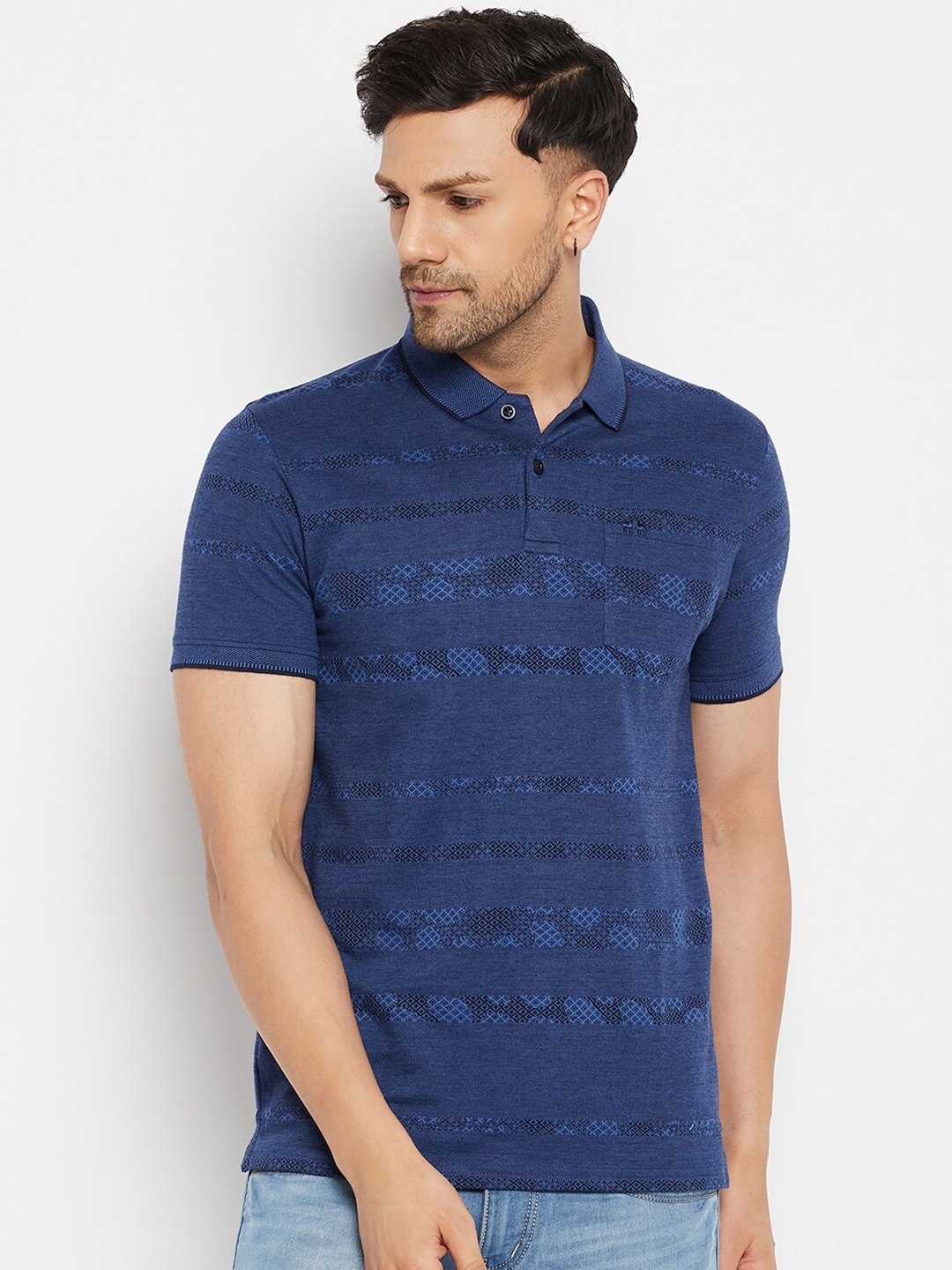

98 Degree North Striped Polo Collar Cotton T-shirt, Blue