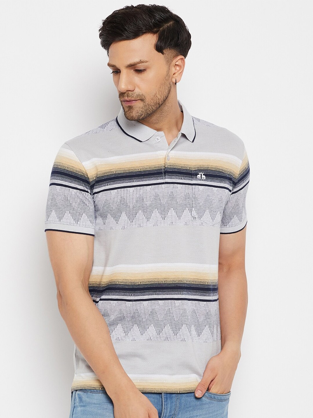 

98 Degree North Horizontal Striped Polo Collar Cotton T-Shirt, Grey