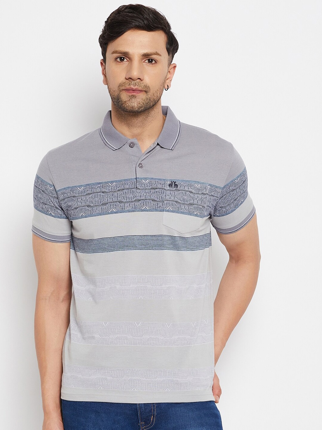 

98 Degree North Striped Polo Collar Cotton T-shirt, Grey