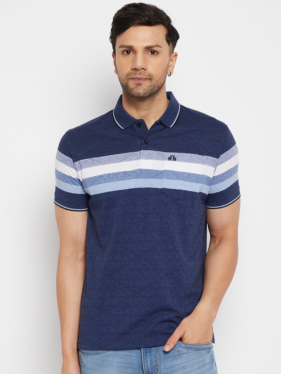 

98 Degree North Striped Polo Collar Cotton T-shirt, Blue