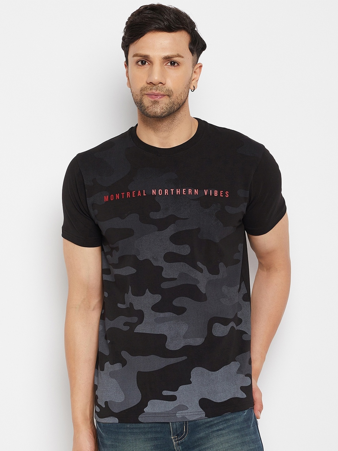 

98 Degree North Camouflage Printed Cotton T-shirt, Black