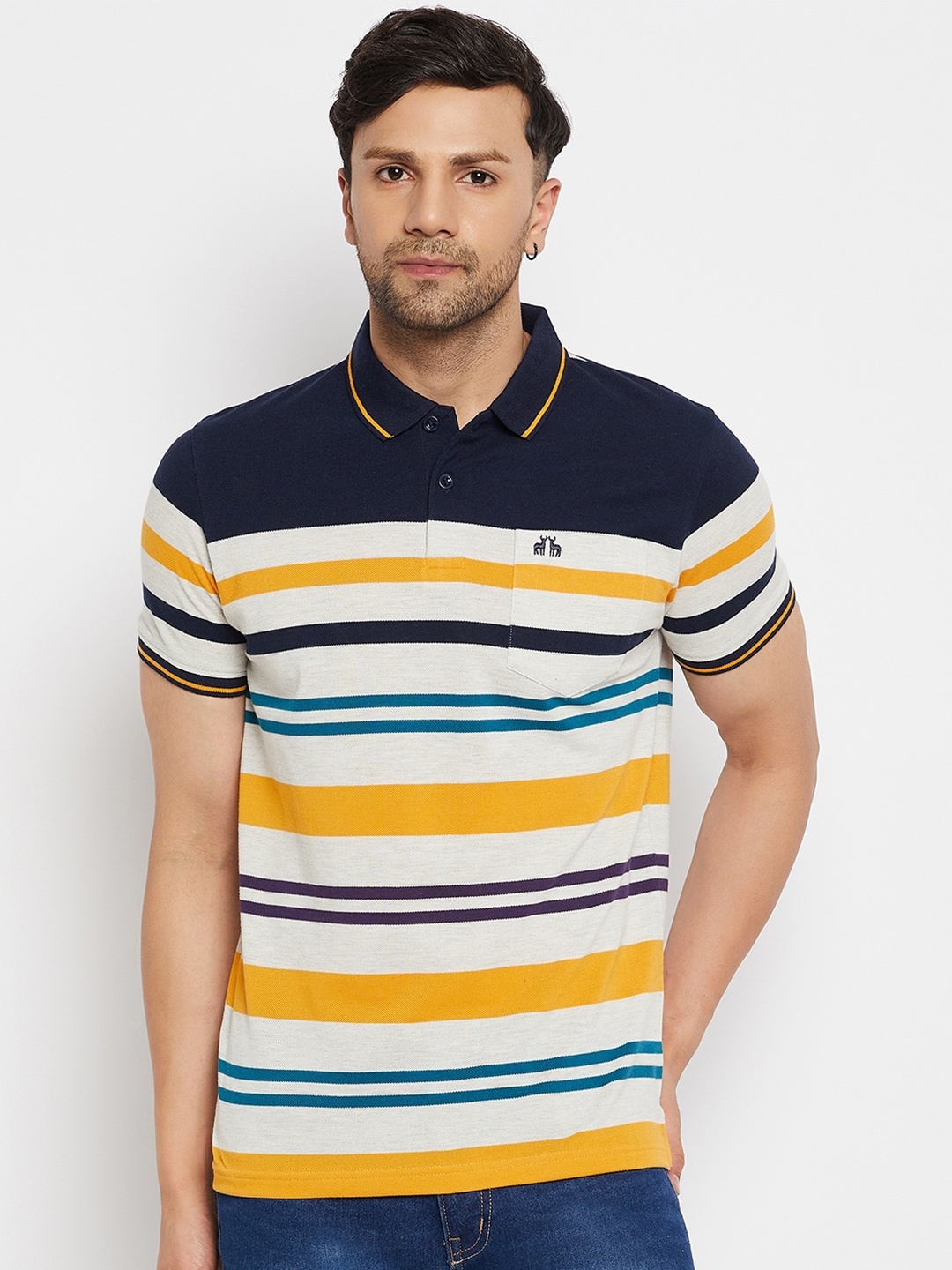 

98 Degree North Striped Polo Collar Cotton T-shirt, Navy blue