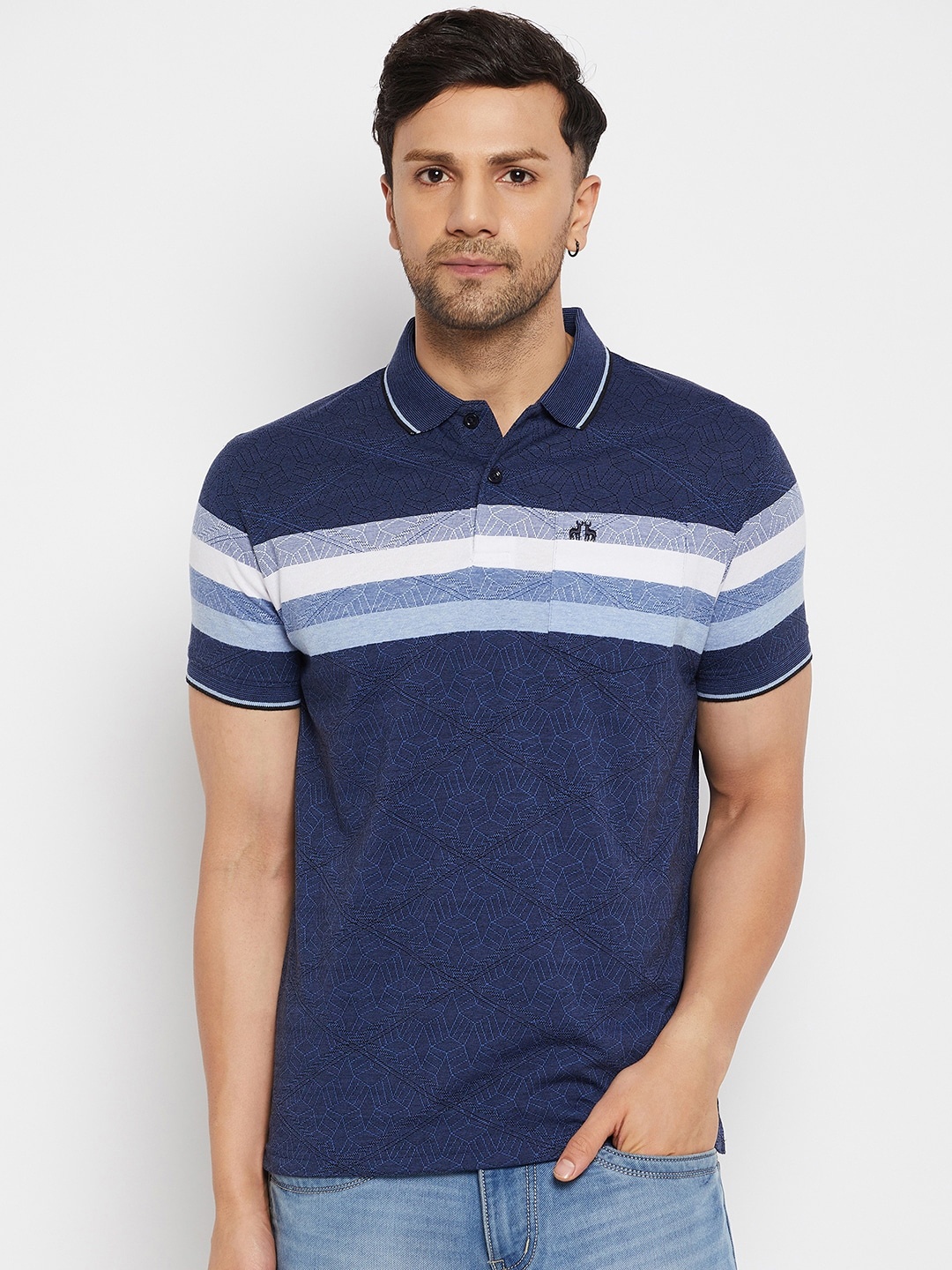 98 Degree North Striped Polo Collar Cotton T-shirt, Blue