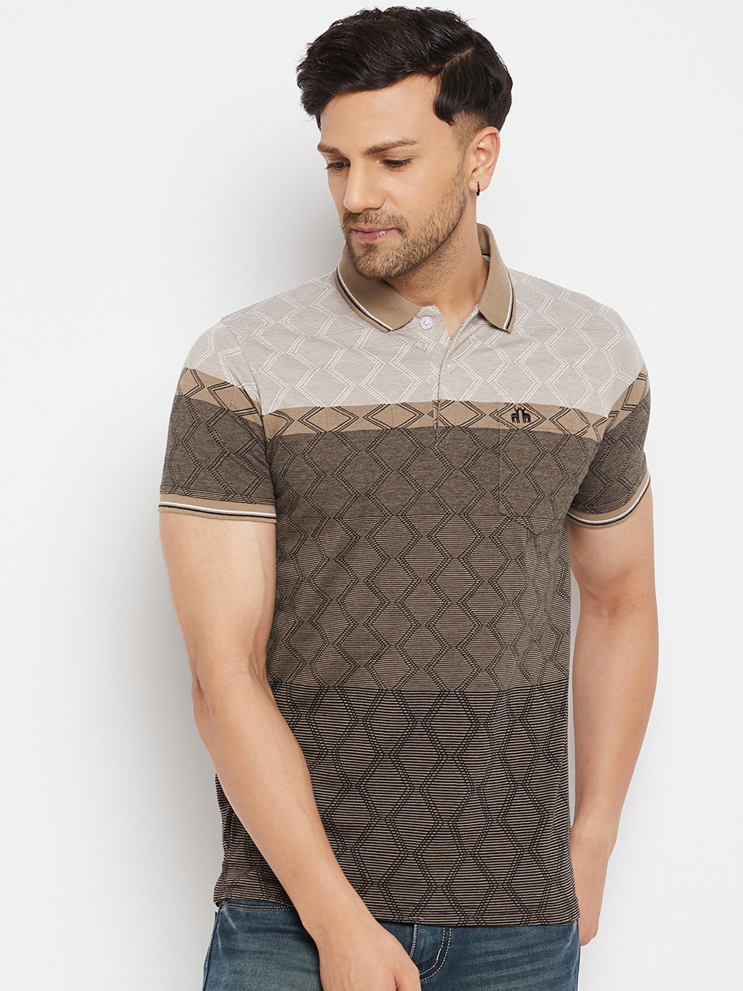 

98 Degree North Geometric Printed Polo Collar Cotton T-shirt, Brown