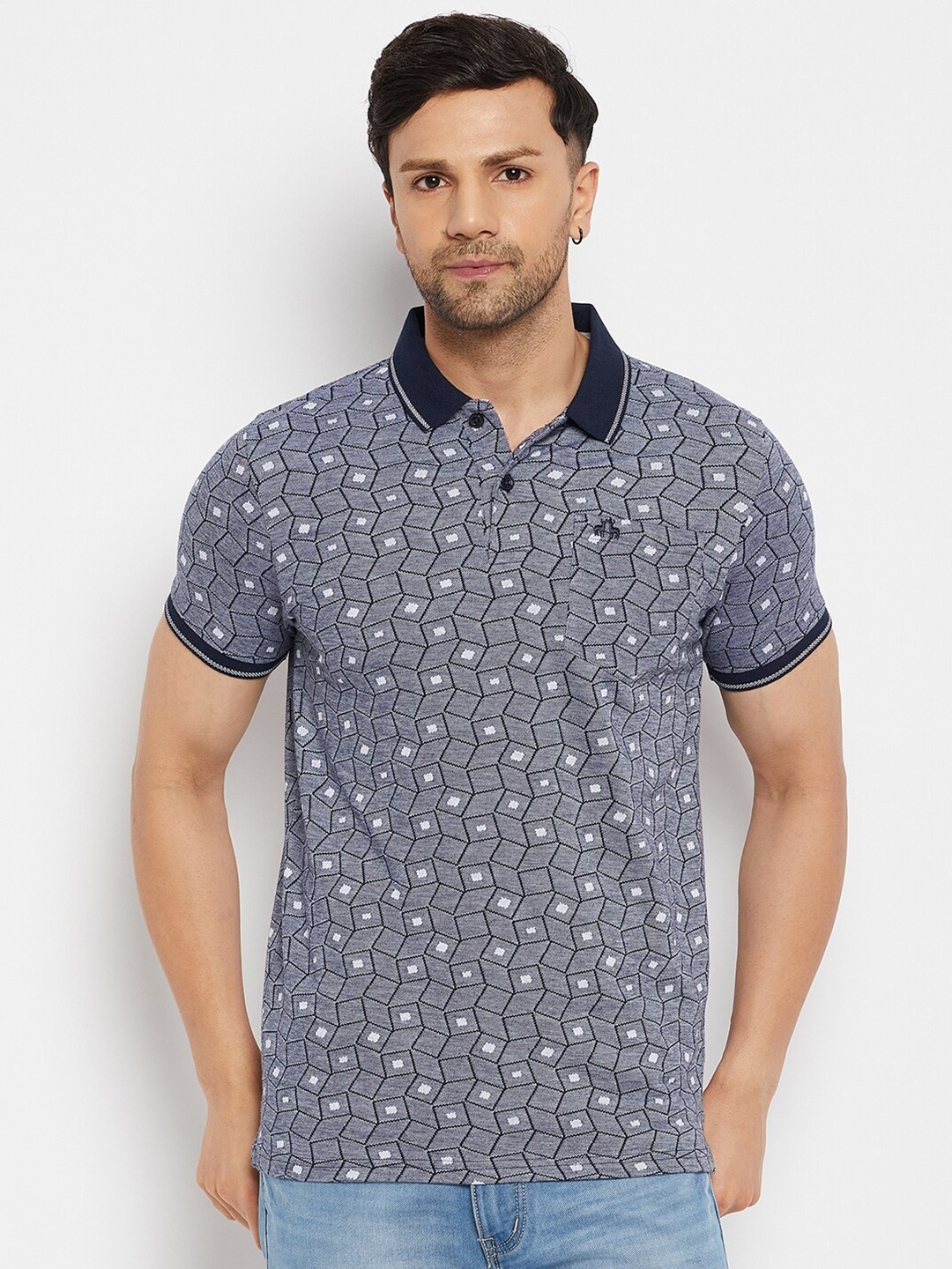 98 Degree North Geometric Printed Polo Collar Cotton T-shirt, Navy blue