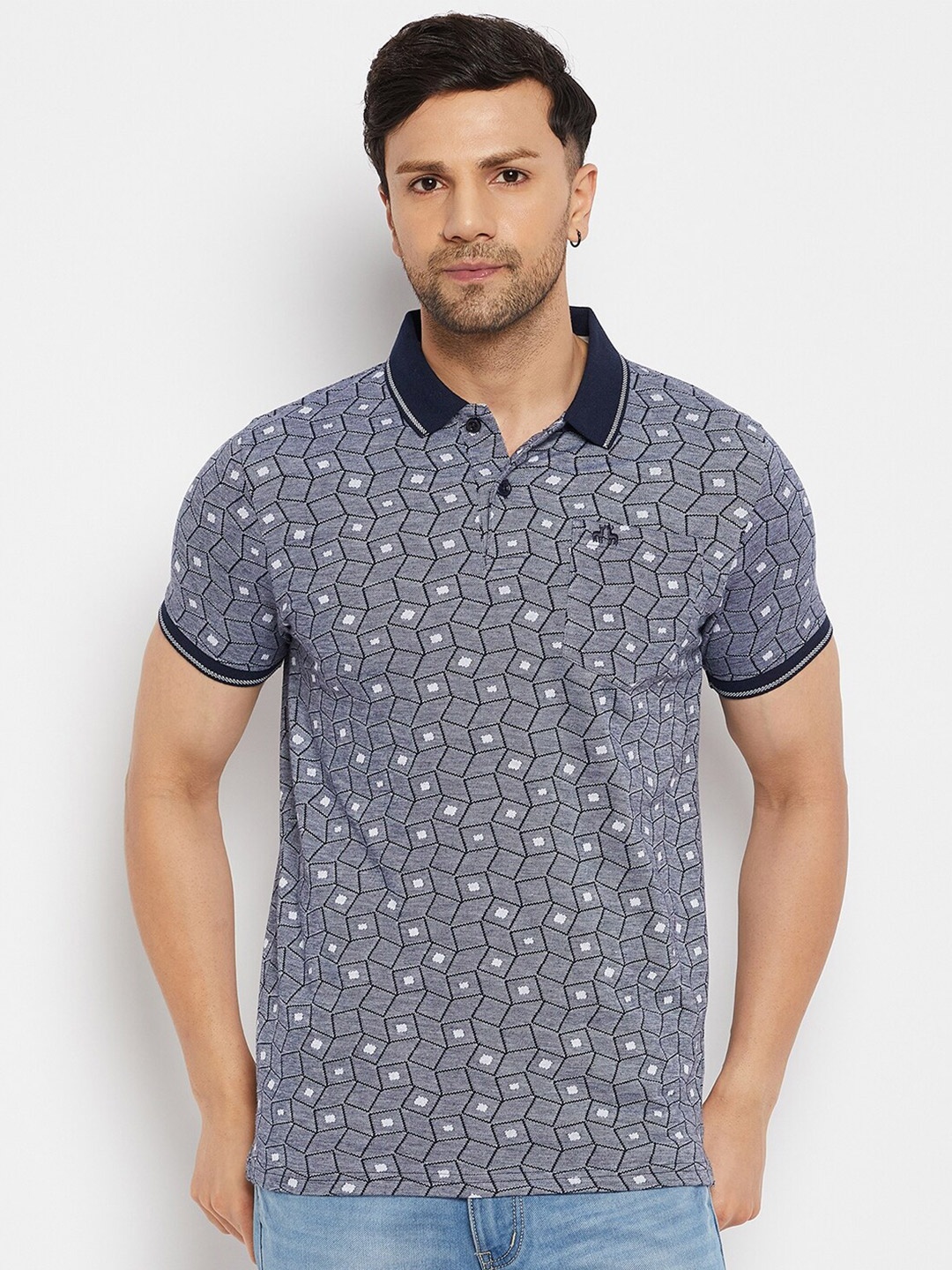 

98 Degree North Geometric Printed Polo Collar Cotton T-shirt, Navy blue