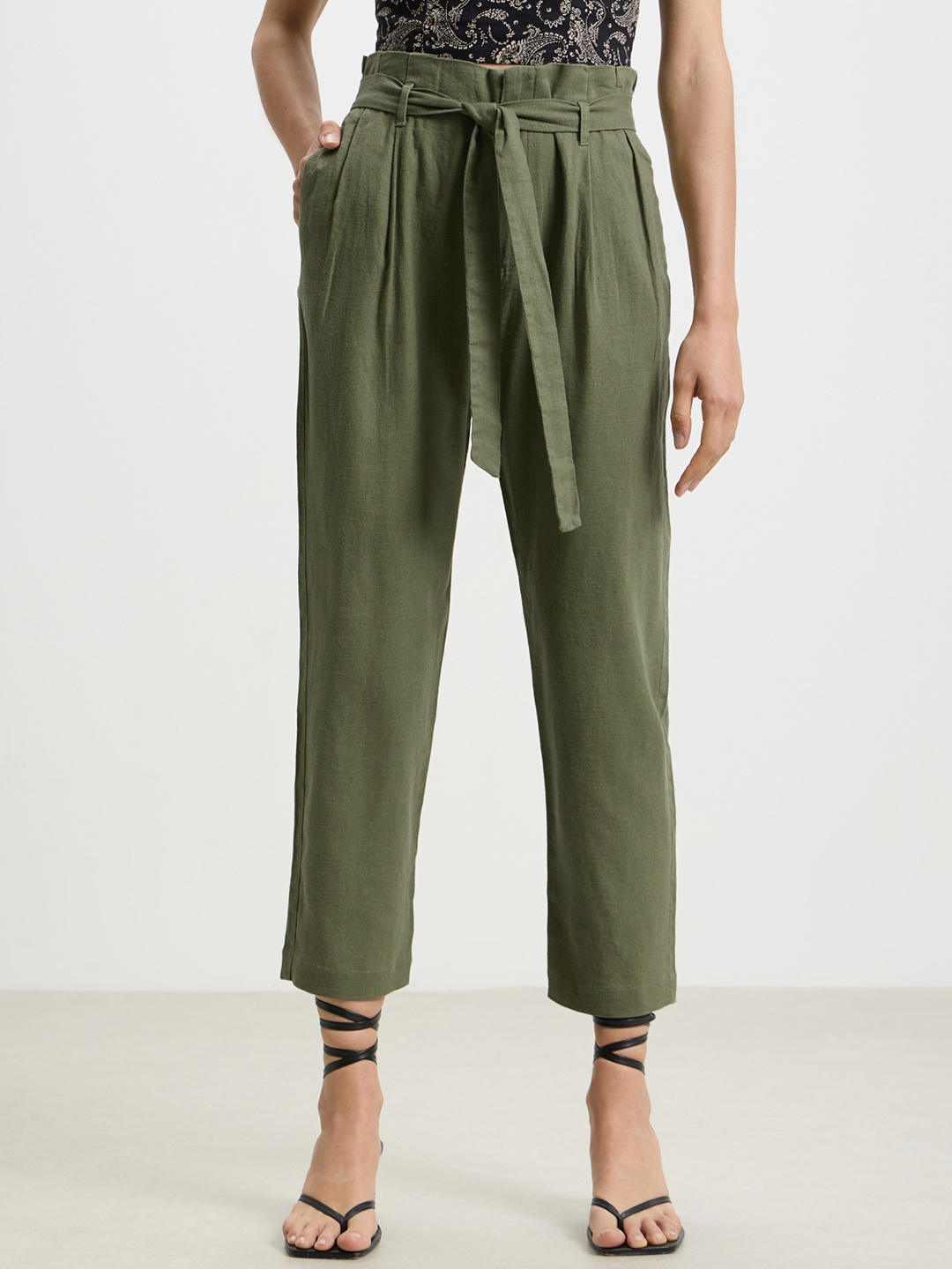 

CALLIOPE Women Straight Fit High-Rise Pleated Trousers, Olive