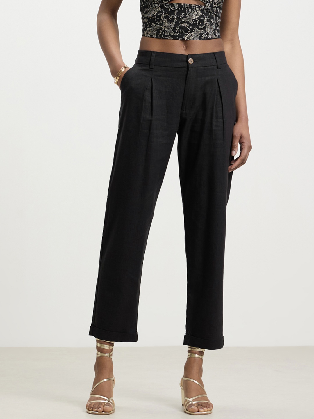 

CALLIOPE Women Straight Fit High-Rise Pleated Trousers, Black