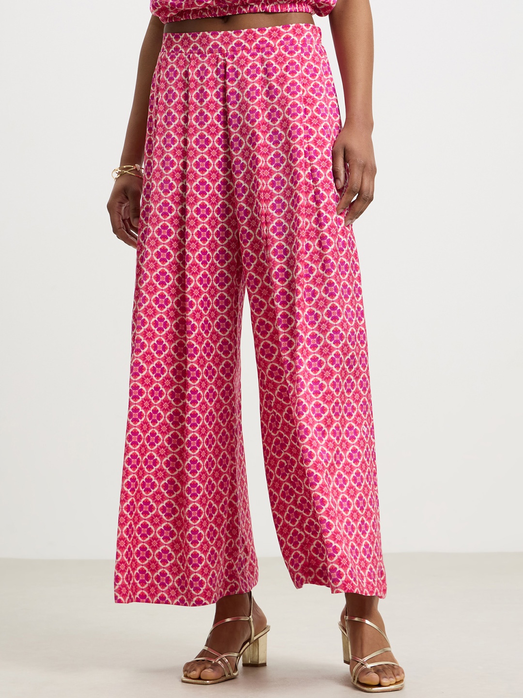 

CALLIOPE Women Pink Floral Printed Flared High-Rise Pleated Trousers