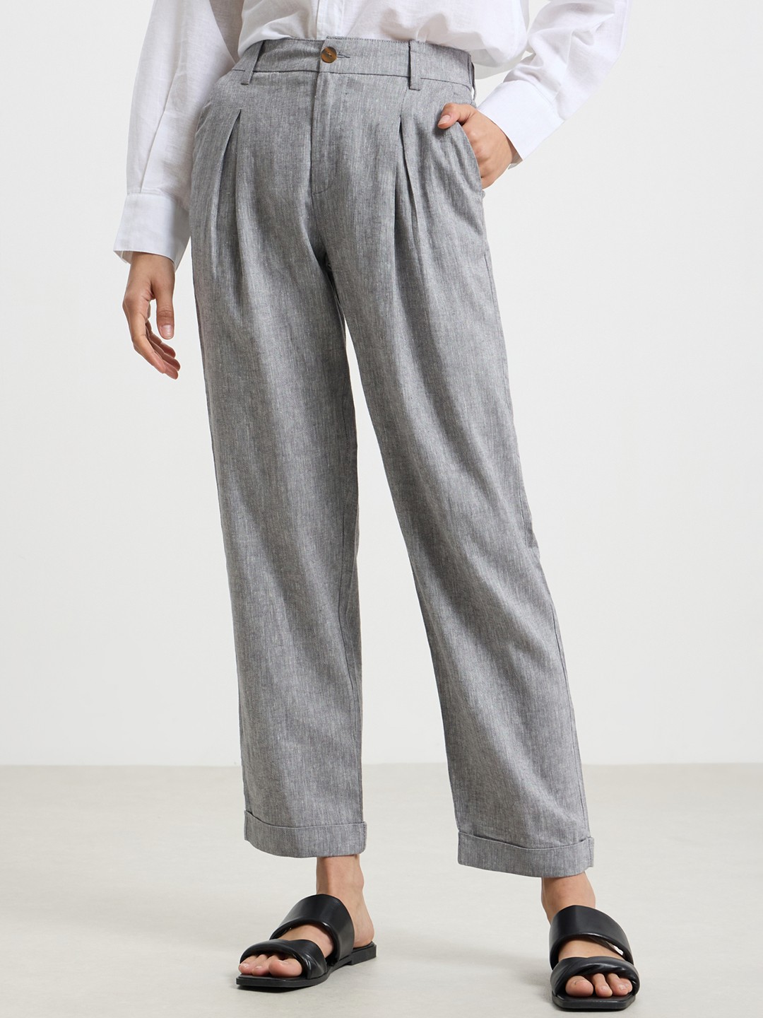 

CALLIOPE Women Straight Fit High-Rise Pleated Trousers, Grey