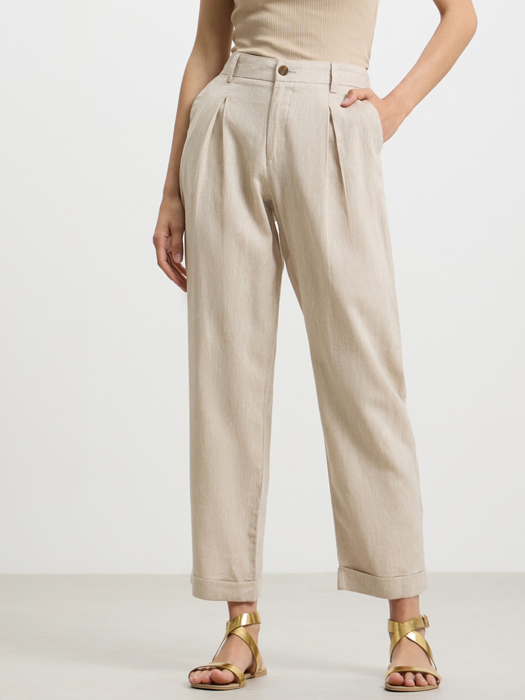 

CALLIOPE Women Straight Fit High-Rise Pleated Trousers, Beige