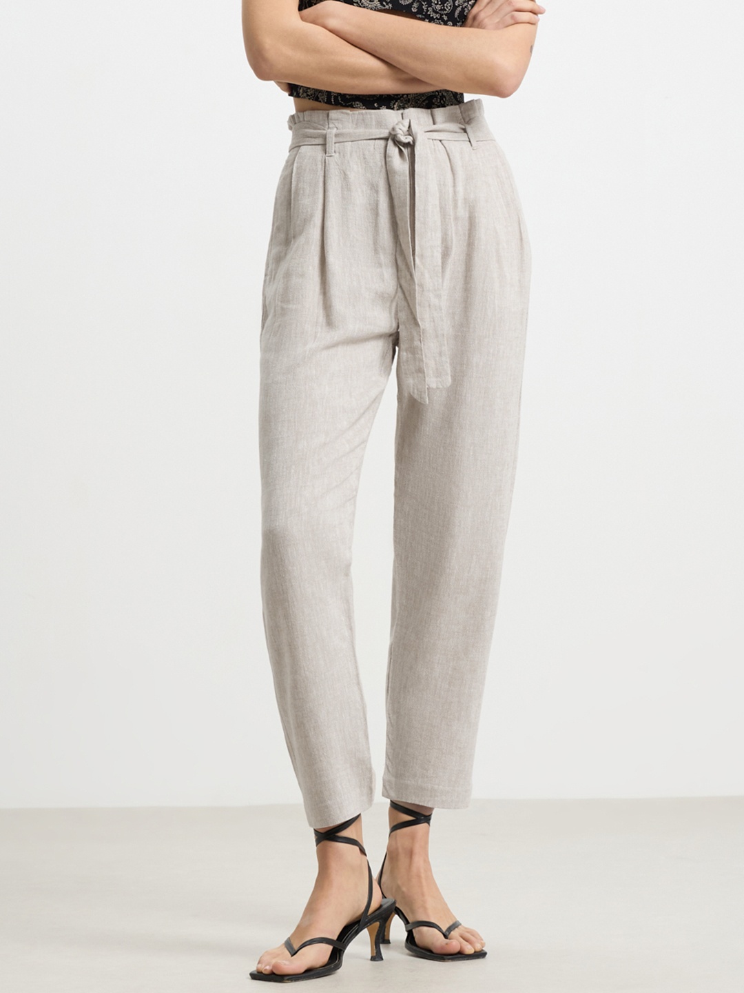 

CALLIOPE Women Beige Straight Fit High-Rise Pleated Trousers