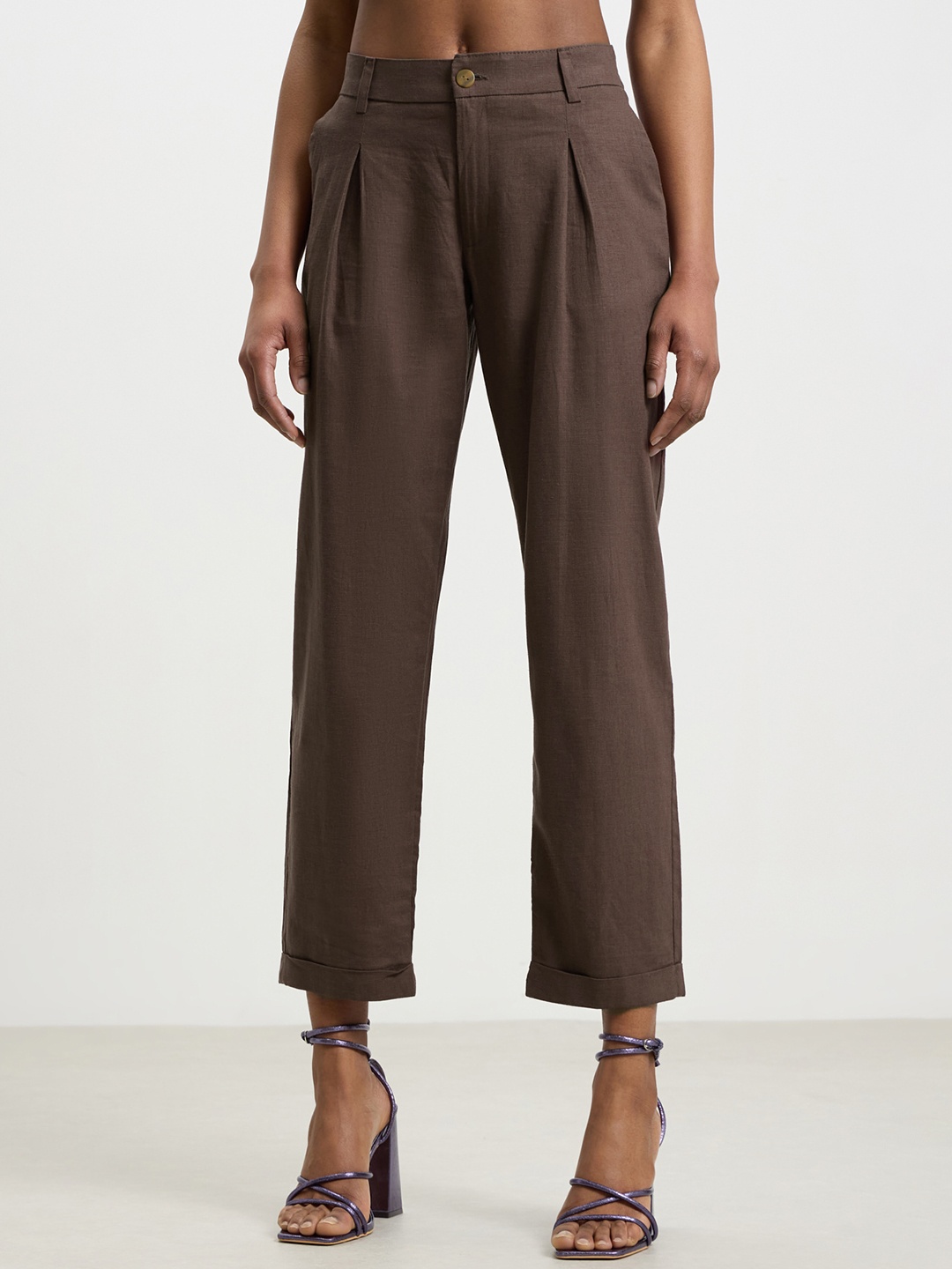 

CALLIOPE Women Straight Fit High-Rise Pleated Trousers, Coffee brown