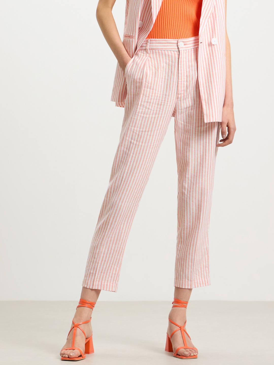 

CALLIOPE Women Striped Straight Fit High-Rise Pleated Trousers, Orange