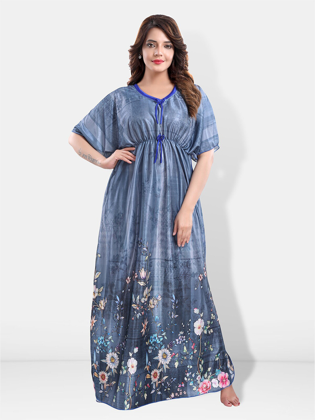 

Be You Floral Printed Satin Maxi Kaftan Nightdress, Blue