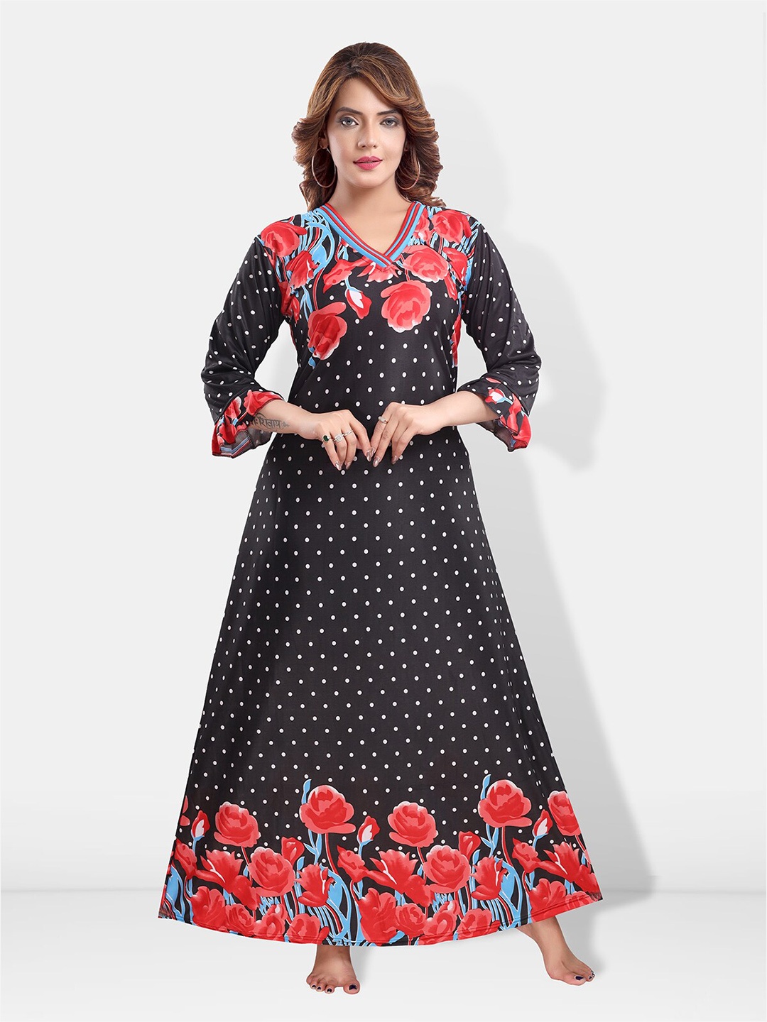 

Be You Floral Printed Satin Maxi Nightdress, Black