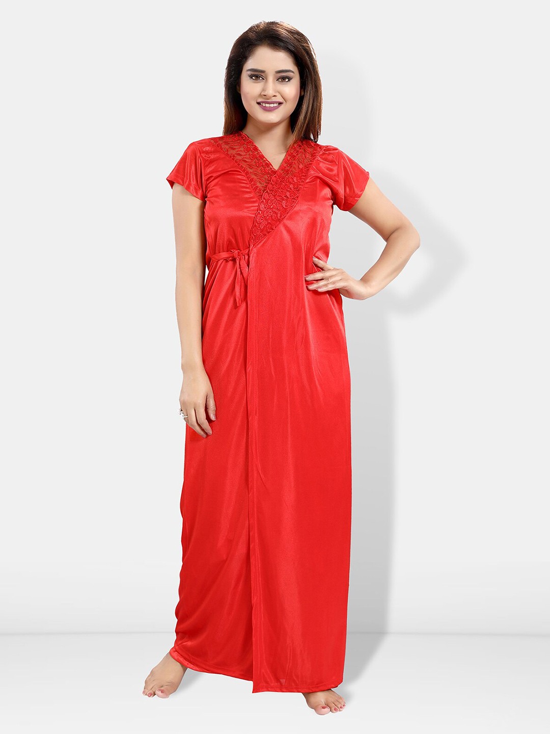 

Be You Pack Of 6 Satin Maxi Wrap Nightdress With Lingerie Set, Red