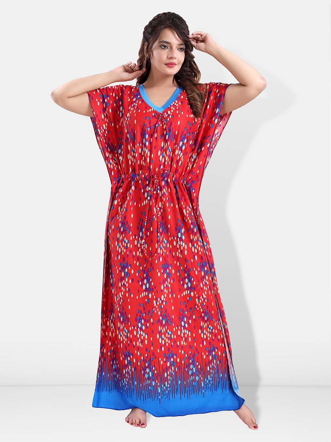 

Be You Printed Satin Maxi Kaftan Nightdress, Red