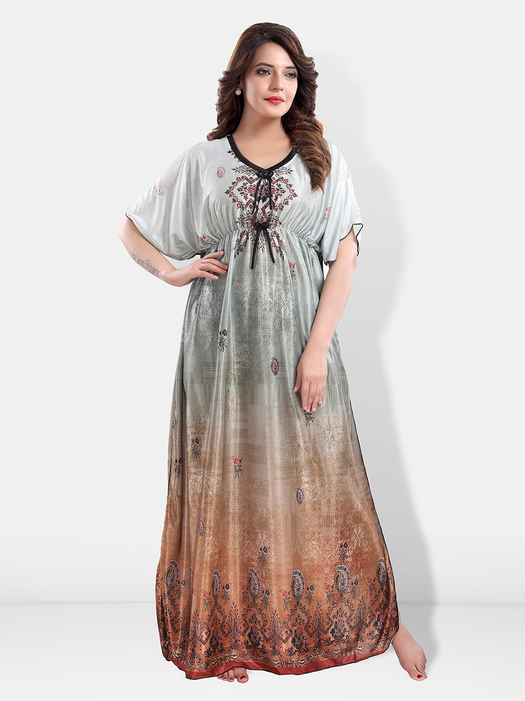 

Be You Printed Satin Maxi Kaftan Nightdress, Grey