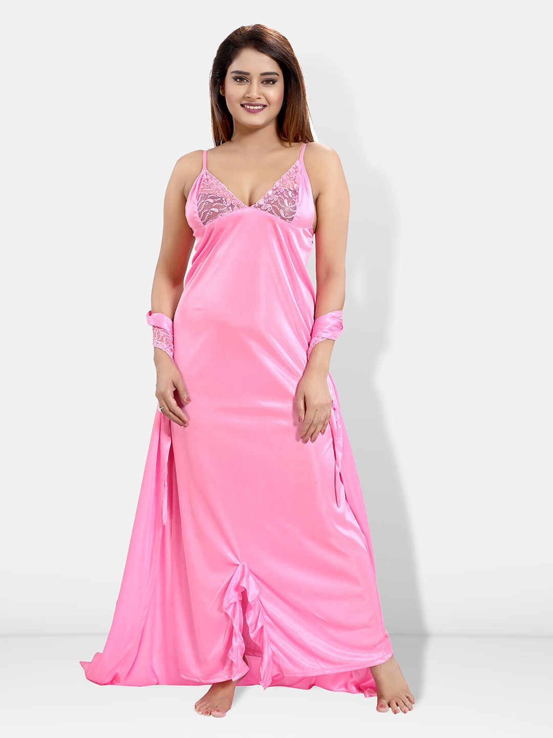 

Be You Pack Of 4 Satin Maxi Wrap Nightdress With Lingerie Set, Pink