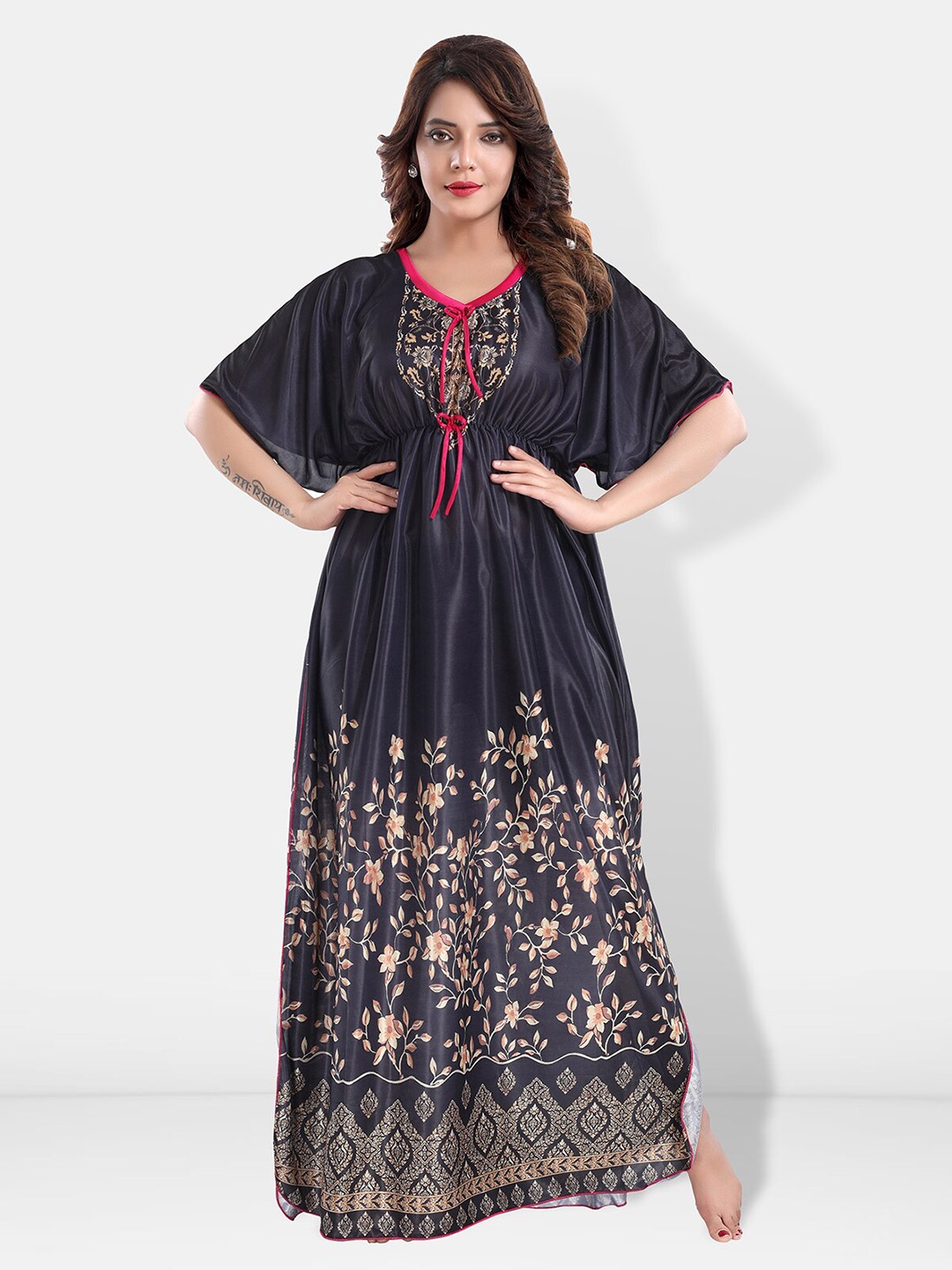 

Be You Printed V-Neck Maxi Kaftan Nightdress, Black
