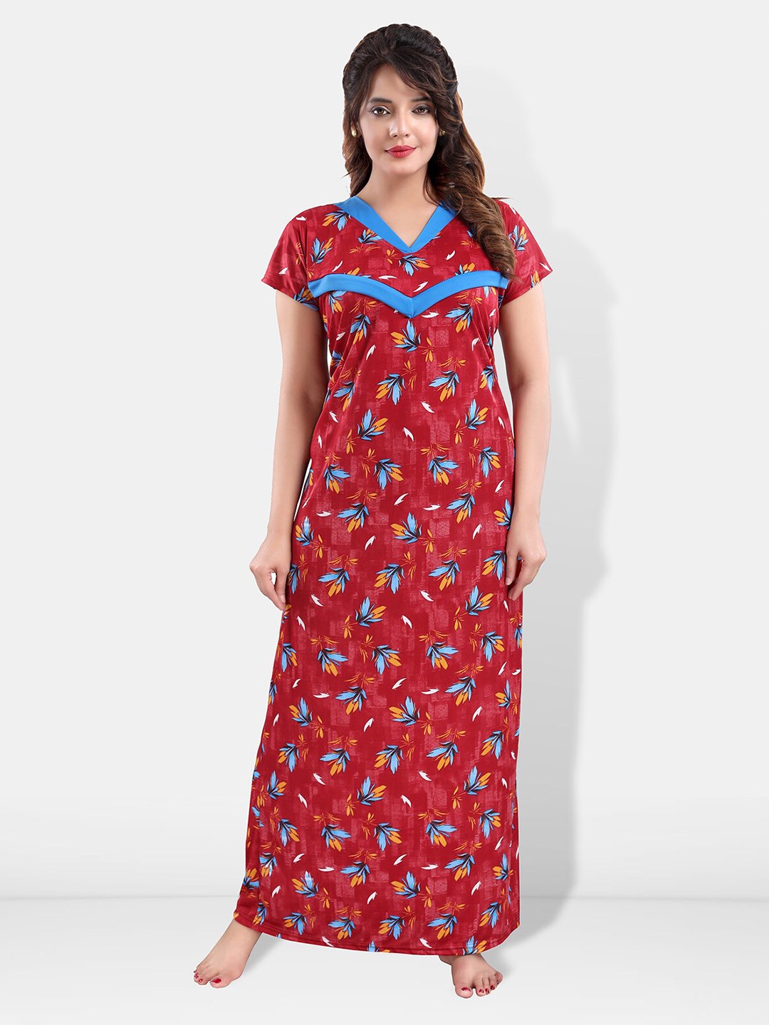 

Be You Floral Printed Satin Feeding & Maternity Nightdress, Maroon