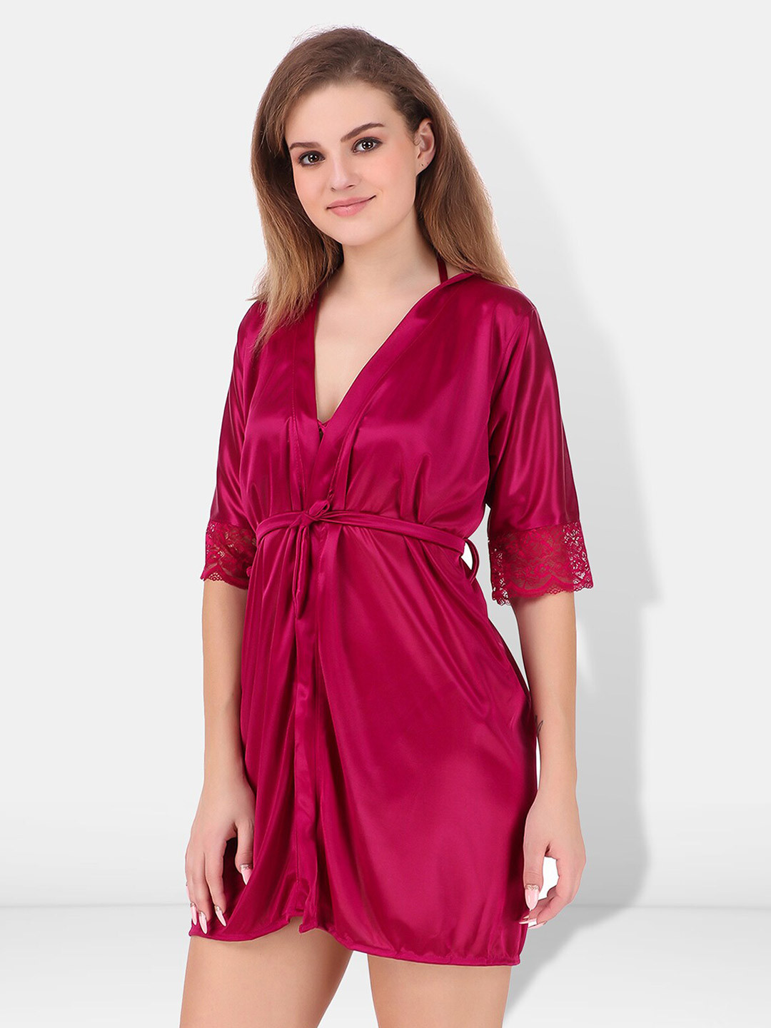 

Be You Non-Wired Non Padded Lingerie Set With Robe-BUF-3-PCS-SET-2243-L, Maroon