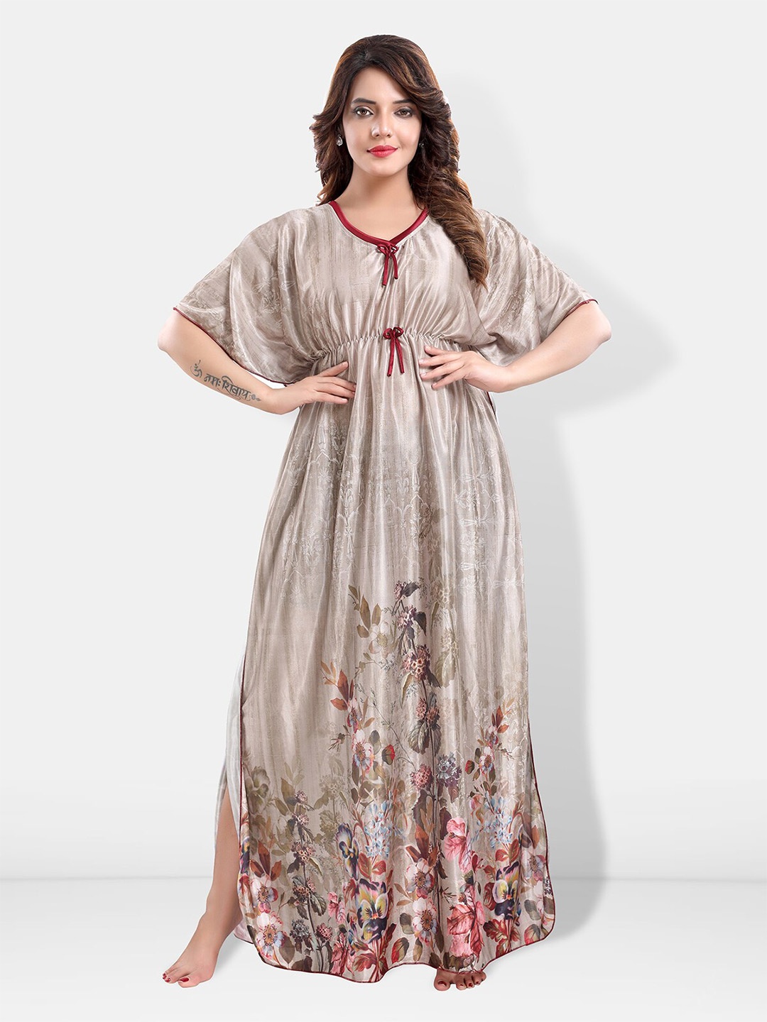

Be You Floral Printed Satin Kaftan Nightdress, Grey